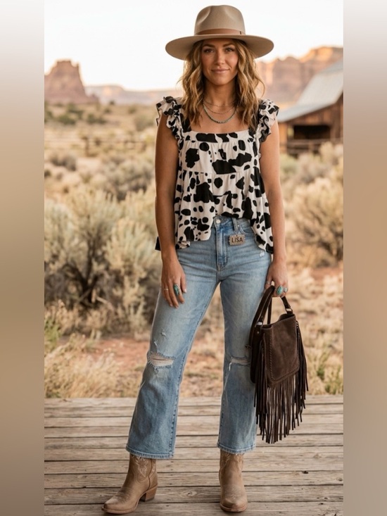 mi ami Tops - Mi ami Black and White Cow Print Ruffle Tank Top linen rayon S boho western boho
